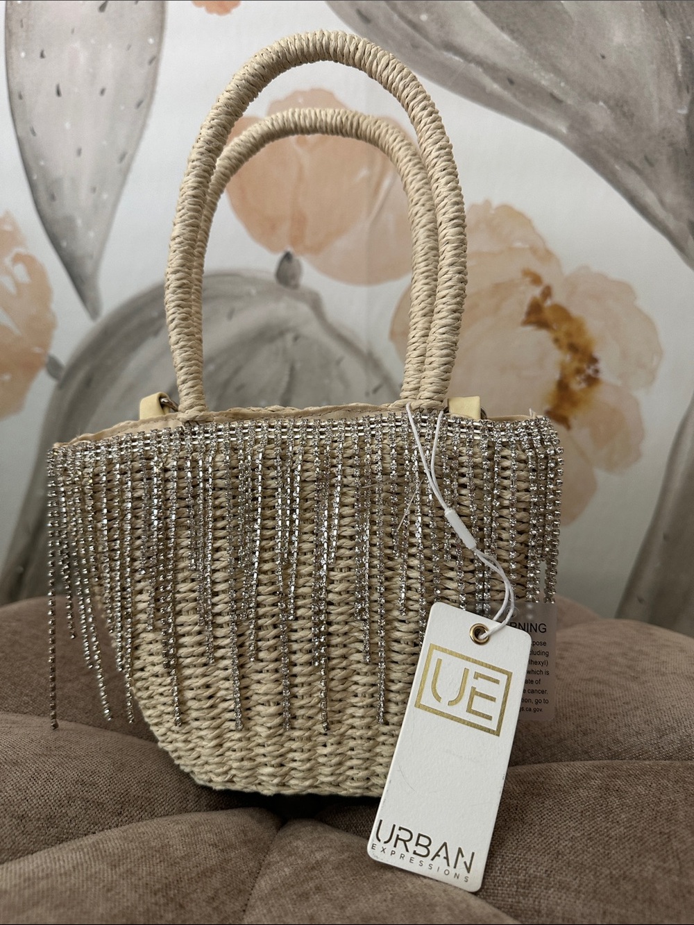 Urban Expressions Beige Straw Tote with Silver Bead Fringe